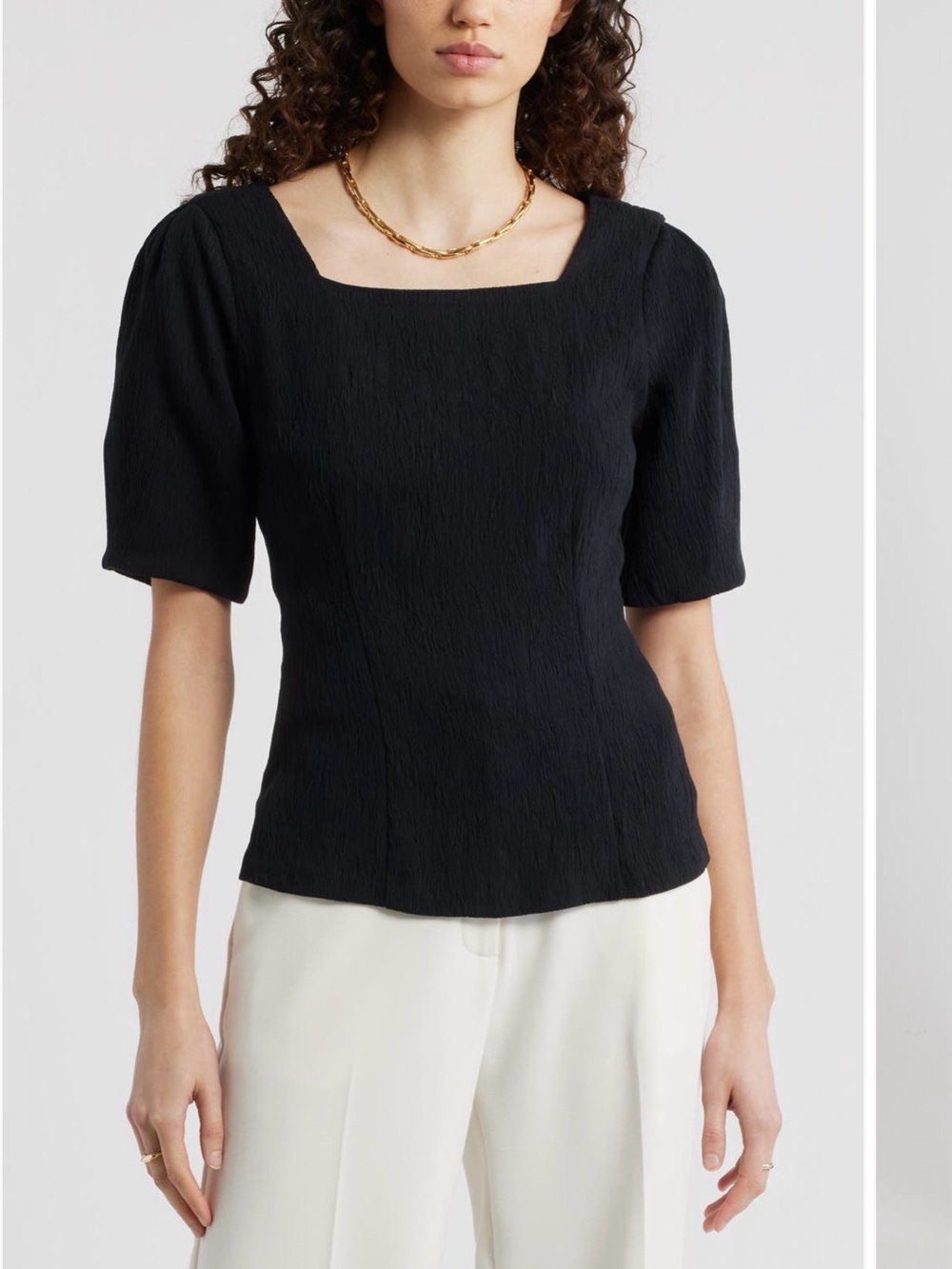 NWT Nordstrom Black Textured Square-Neck Short Sleeve Blouse